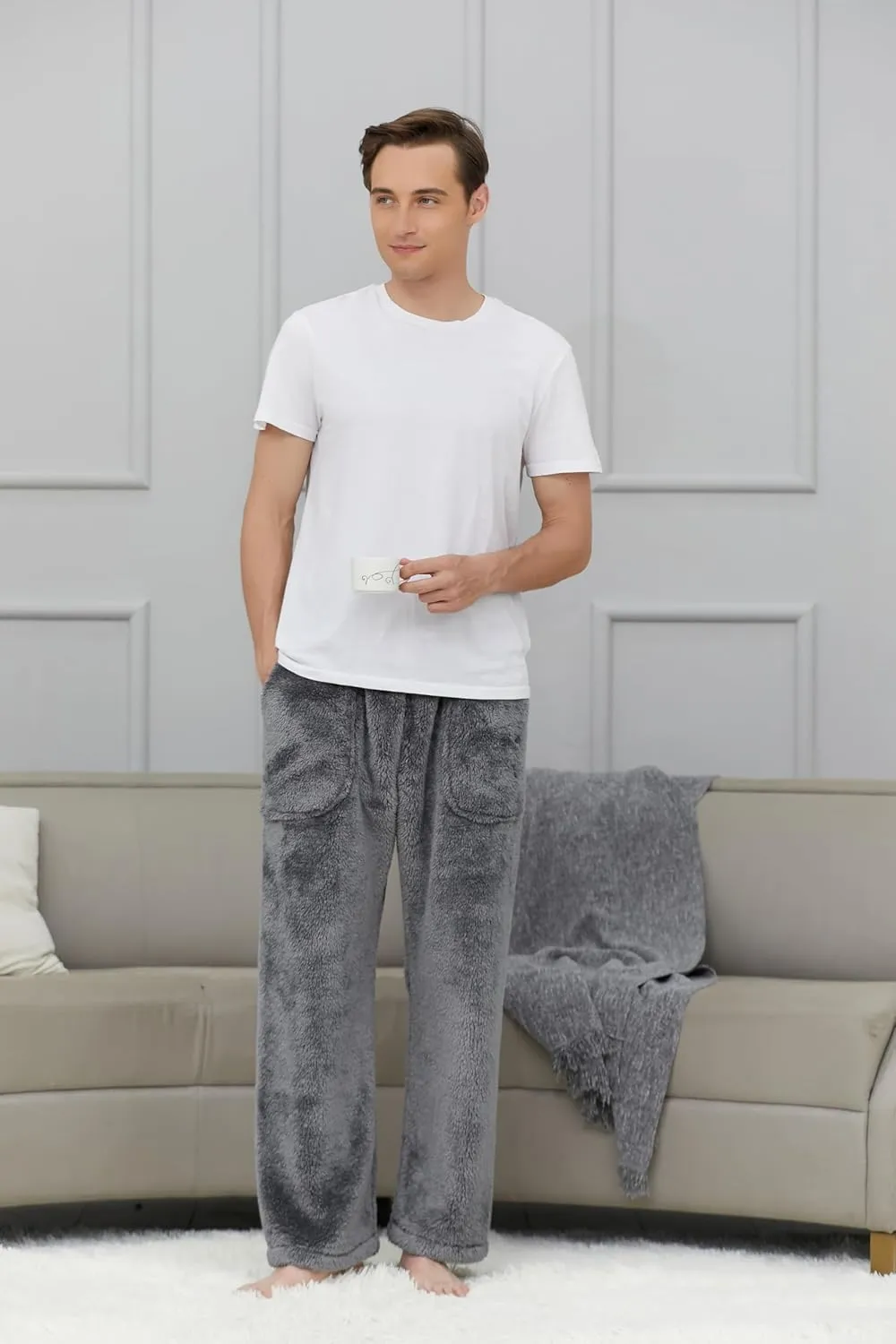 Cromoncent Men's Plush Warm Pajama Pants, Winter Cozy Fleece Lounge Sleepwear Pj Bottoms