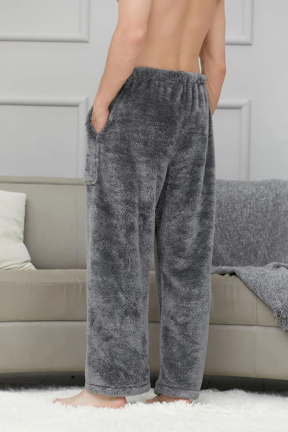 Cromoncent Men's Plush Warm Pajama Pants, Winter Cozy Fleece Lounge Sleepwear Pj Bottoms