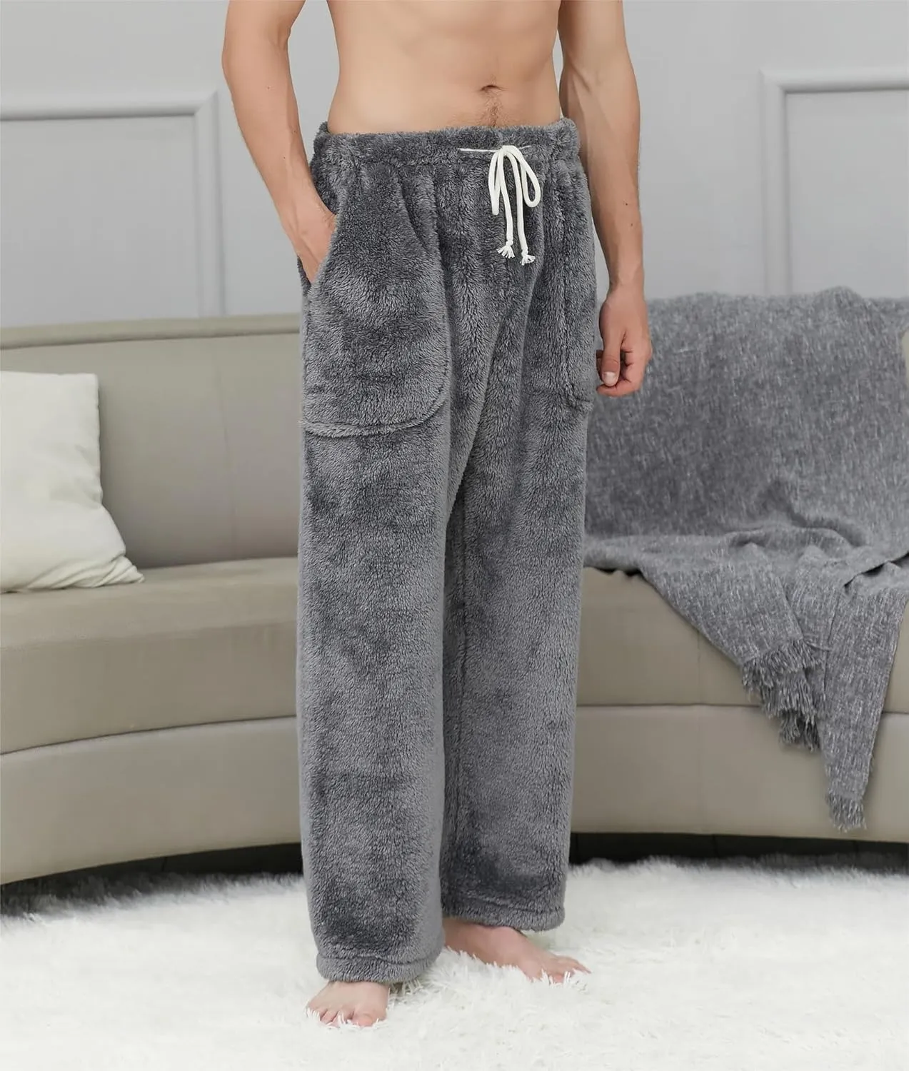 Cromoncent Men's Plush Warm Pajama Pants, Winter Cozy Fleece Lounge Sleepwear Pj Bottoms