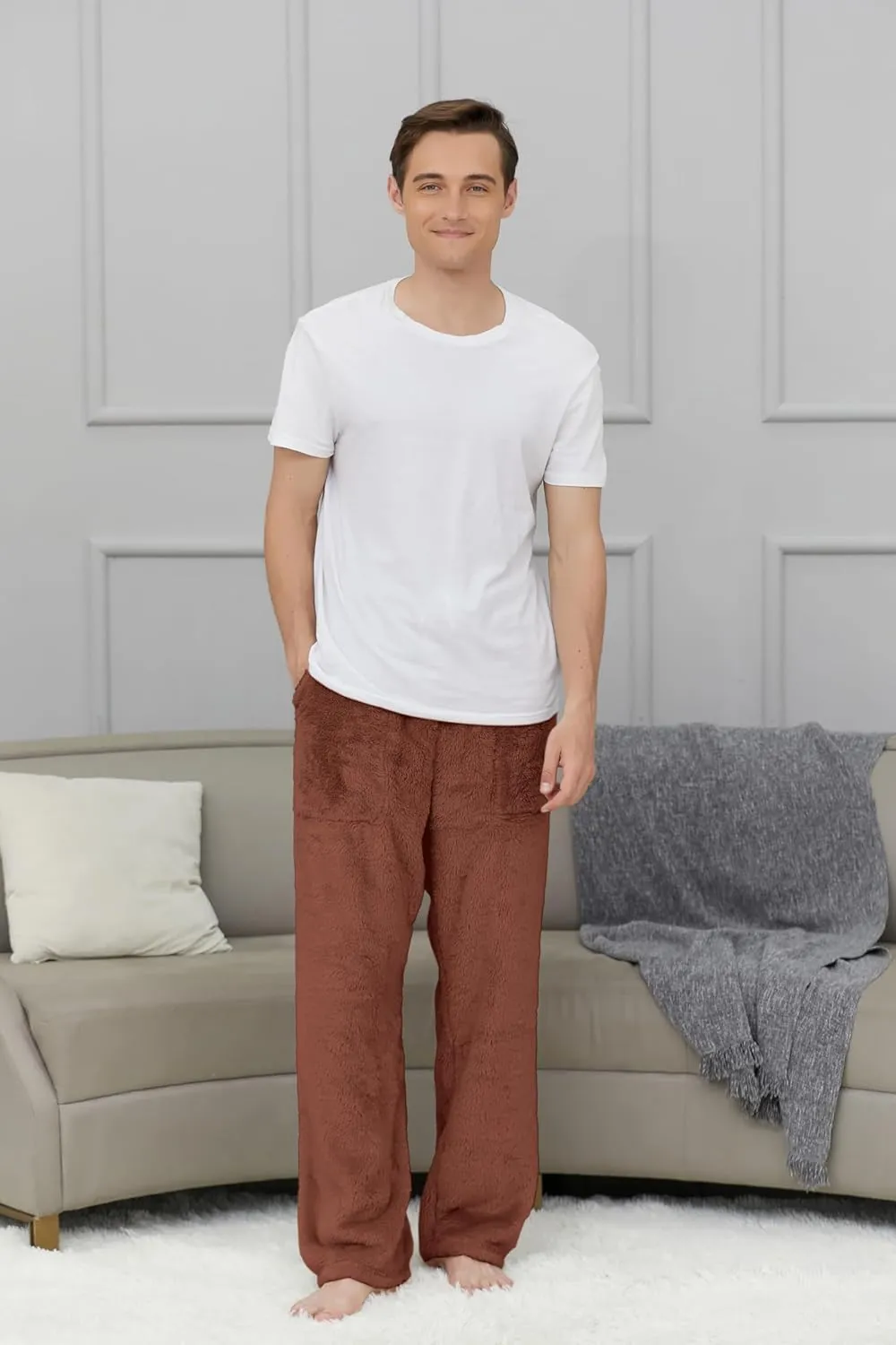 Cromoncent Men's Plush Warm Pajama Pants, Winter Cozy Fleece Lounge Sleepwear Pj Bottoms