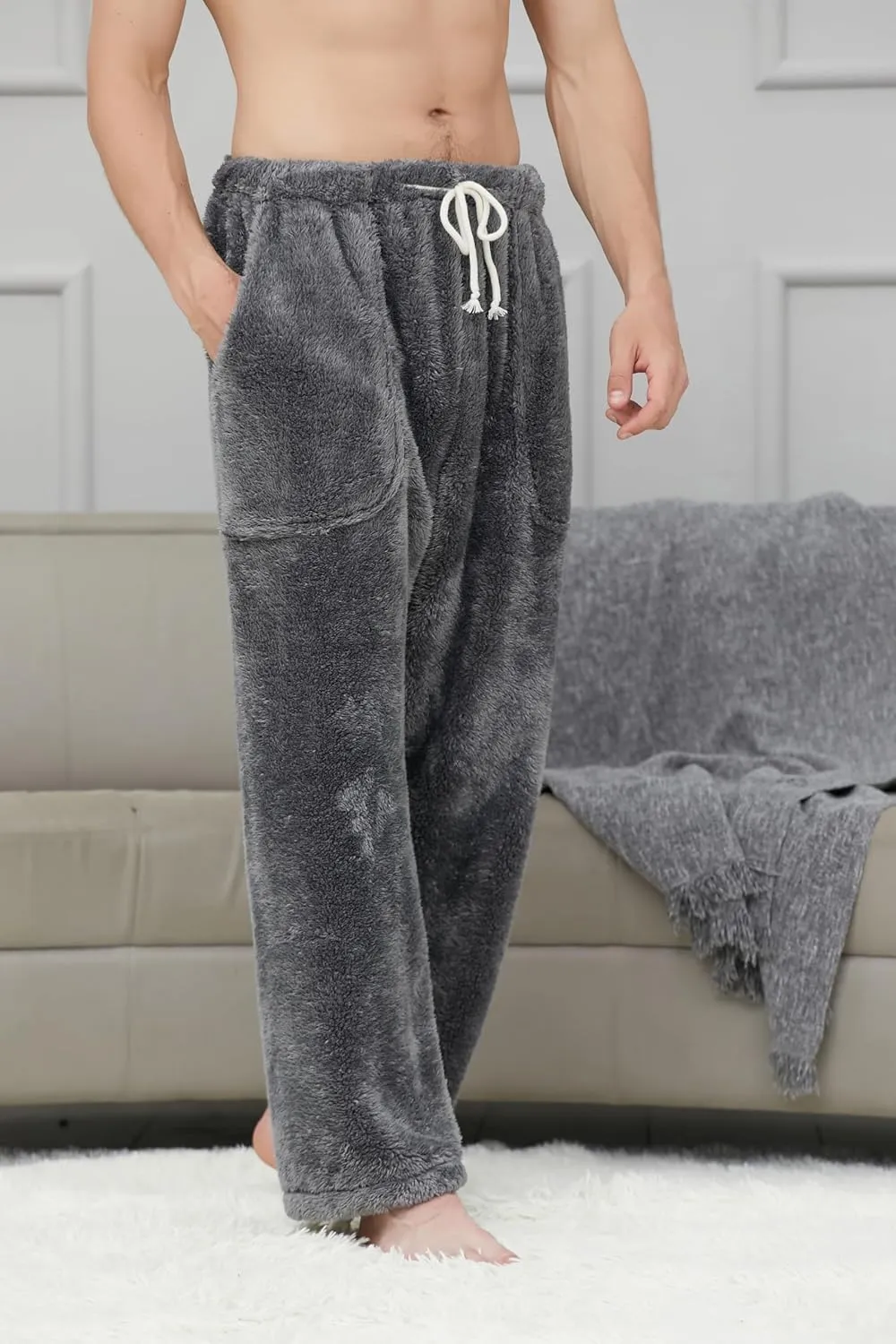 Cromoncent Men's Plush Warm Pajama Pants, Winter Cozy Fleece Lounge Sleepwear Pj Bottoms