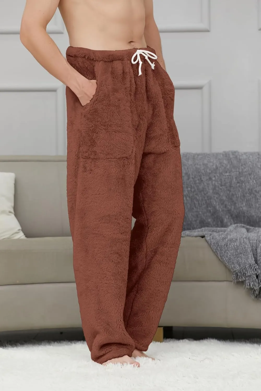Cromoncent Men's Plush Warm Pajama Pants, Winter Cozy Fleece Lounge Sleepwear Pj Bottoms