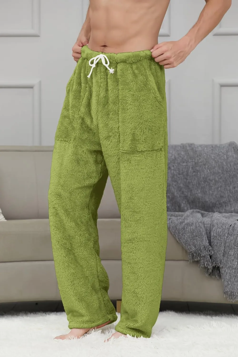 Cromoncent Men's Plush Warm Pajama Pants, Winter Cozy Fleece Lounge Sleepwear Pj Bottoms