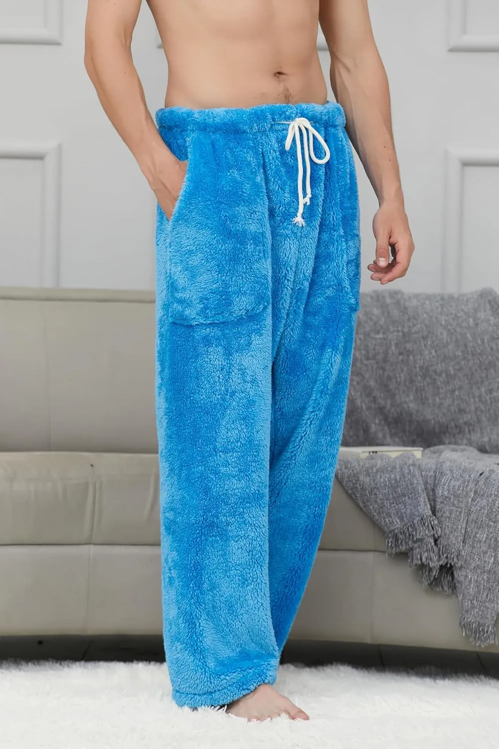Cromoncent Men's Plush Warm Pajama Pants, Winter Cozy Fleece Lounge Sleepwear Pj Bottoms