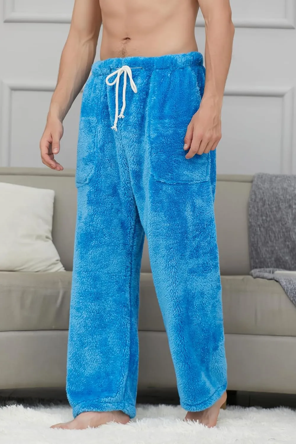 Cromoncent Men's Plush Warm Pajama Pants, Winter Cozy Fleece Lounge Sleepwear Pj Bottoms