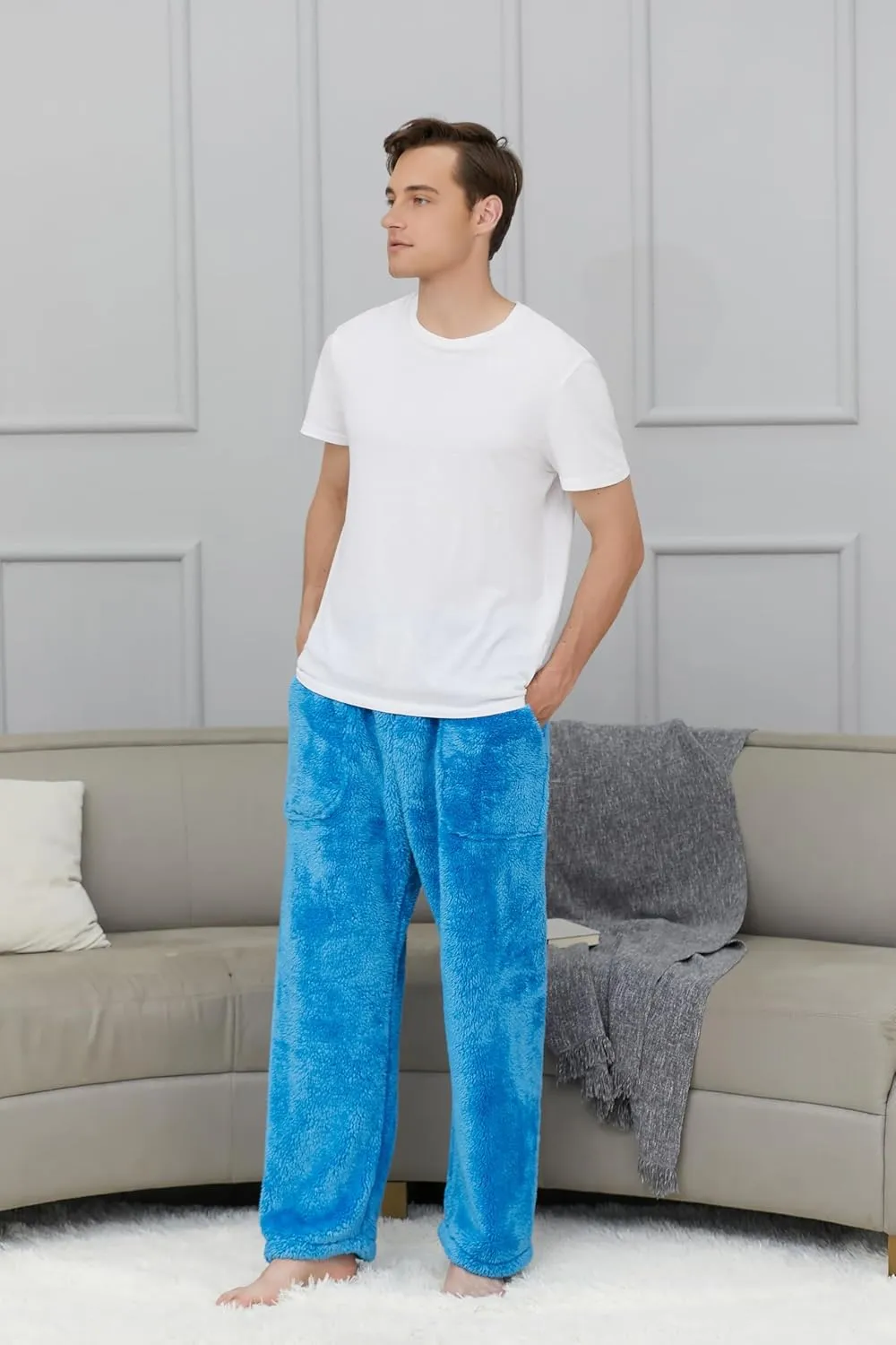 Cromoncent Men's Plush Warm Pajama Pants, Winter Cozy Fleece Lounge Sleepwear Pj Bottoms