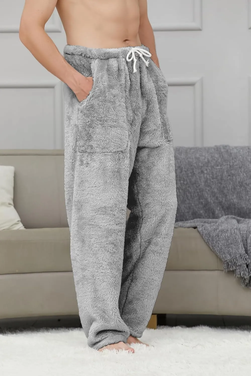 Cromoncent Men's Plush Warm Pajama Pants, Winter Cozy Fleece Lounge Sleepwear Pj Bottoms