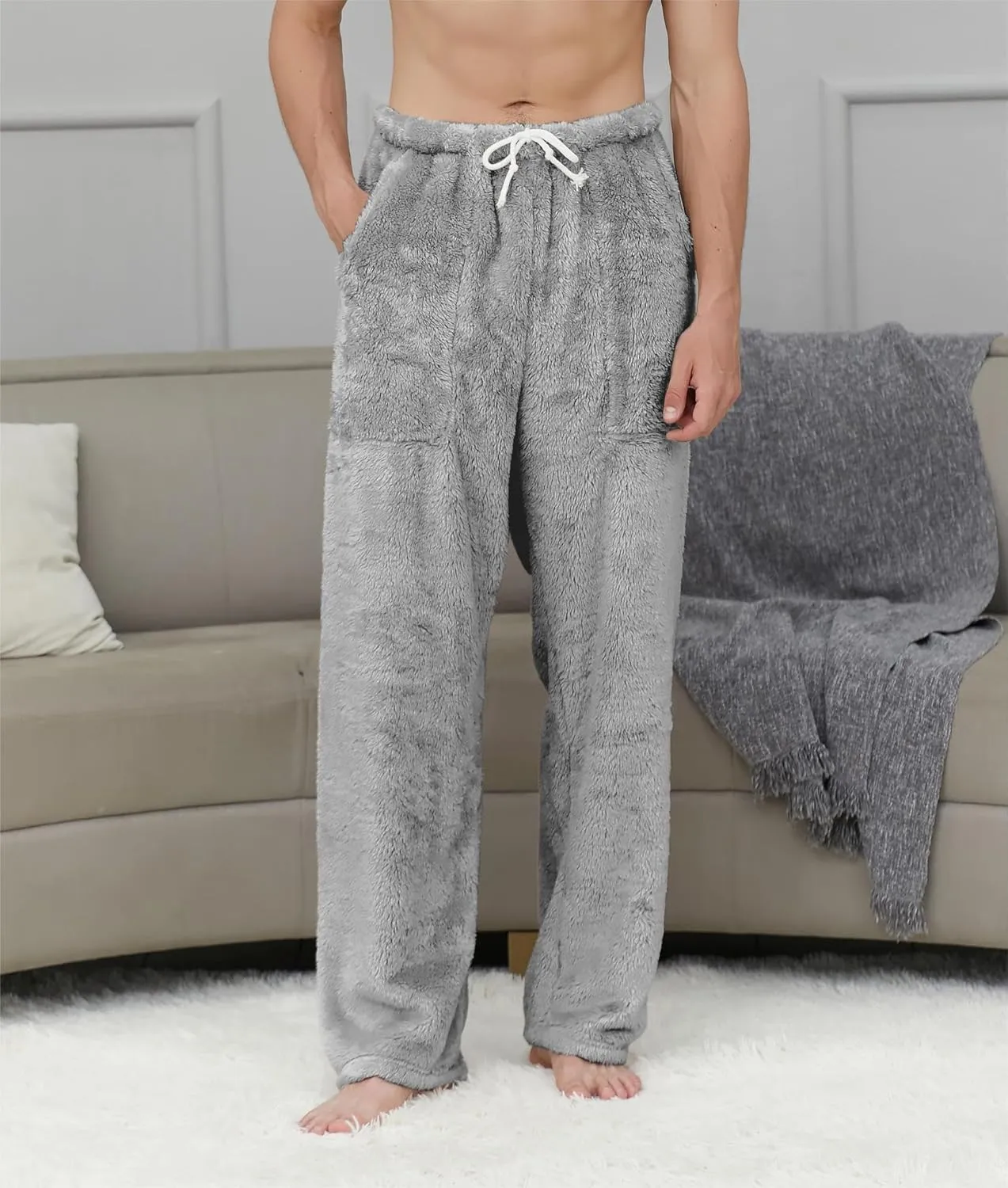 Cromoncent Men's Plush Warm Pajama Pants, Winter Cozy Fleece Lounge Sleepwear Pj Bottoms