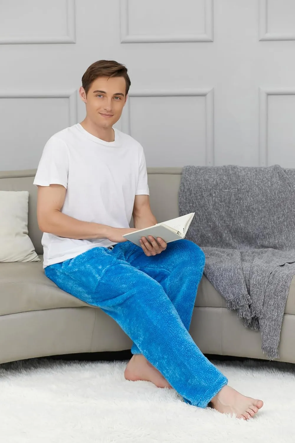 Cromoncent Men's Plush Warm Pajama Pants, Winter Cozy Fleece Lounge Sleepwear Pj Bottoms