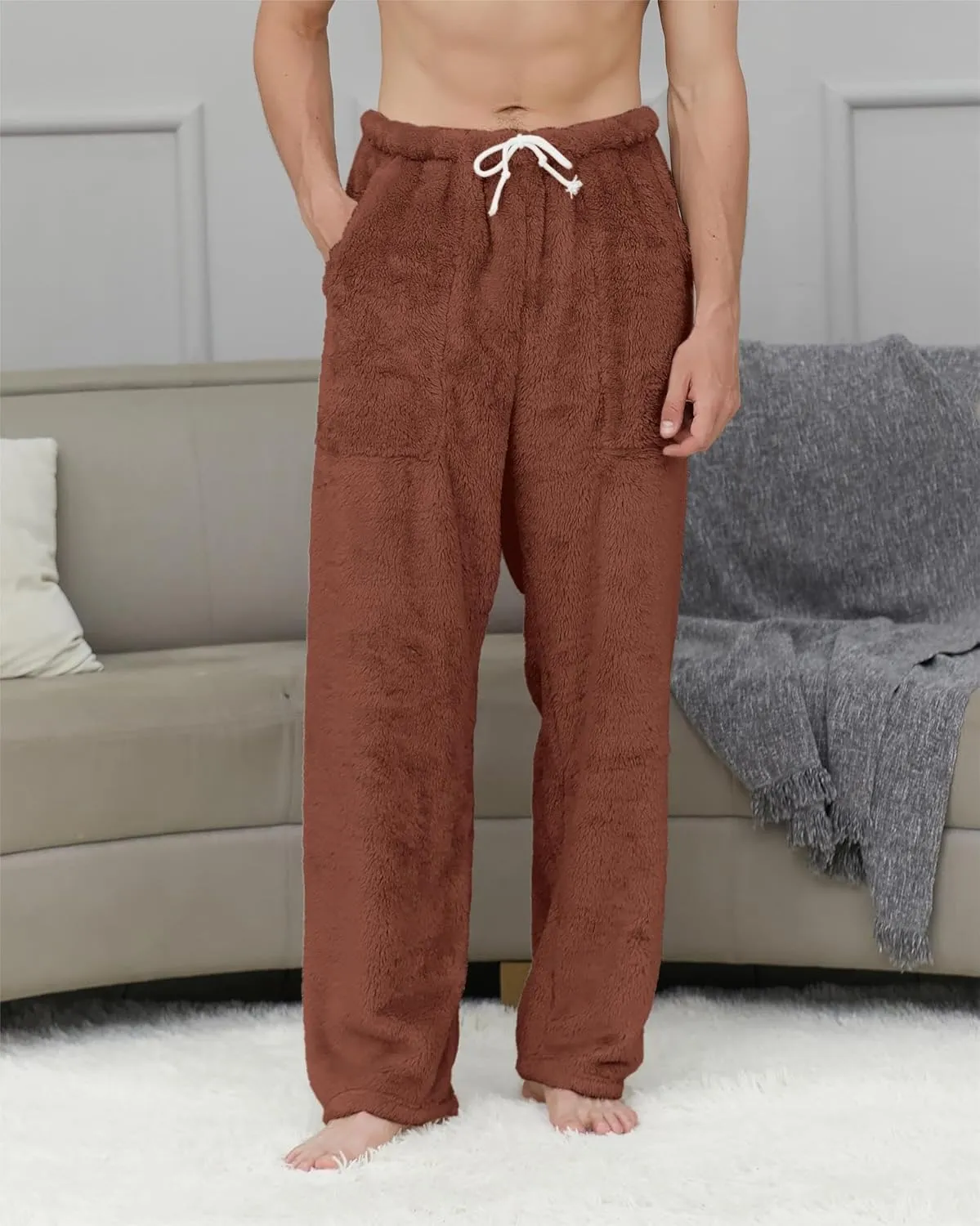 Cromoncent Men's Plush Warm Pajama Pants, Winter Cozy Fleece Lounge Sleepwear Pj Bottoms