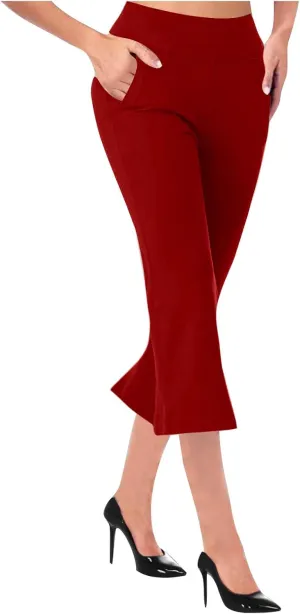 Cropped Trousers for Women Fashion Bell Bottom Pants High Elastic Waist Pants Comfy Pants Travel Pants with Pocket