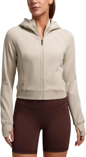 CRZ YOGA Womens Fleece Zip Up Cropped Hoodie Workout Jacket Athletic Casual Long Sleeve Sweatshirts with Thumb Holes