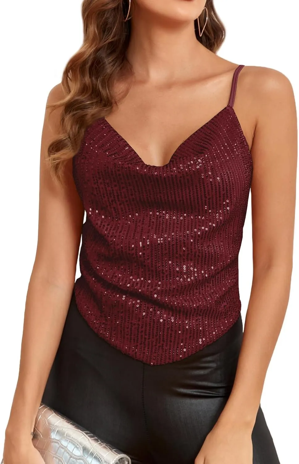 CYCLAMEN Sparkly Sequin Cami Crop Top Cowl Neck Spaghetti Strap Glitter Party Tops