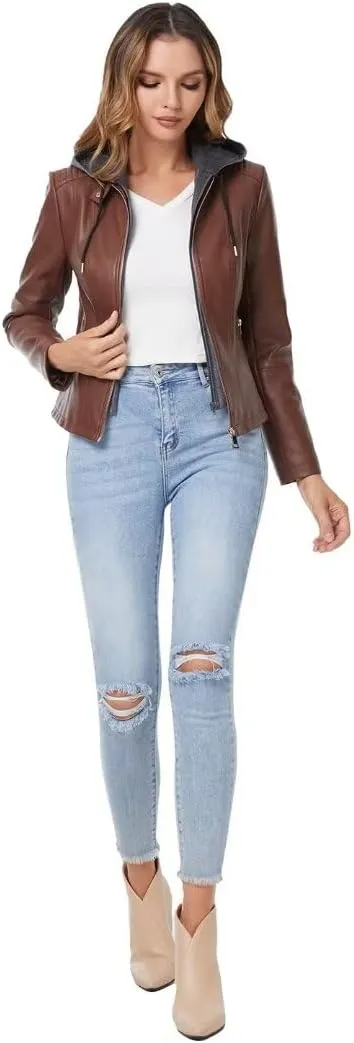 DIASHINY Faux Leather Jacket For Women Removable Hooded Moto Biker Outwear Coat