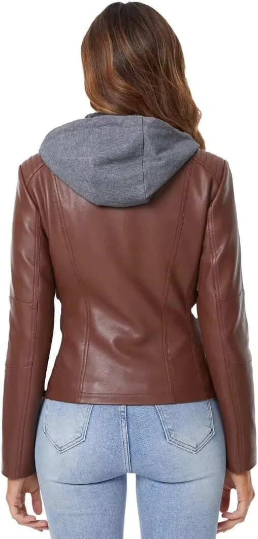 DIASHINY Faux Leather Jacket For Women Removable Hooded Moto Biker Outwear Coat