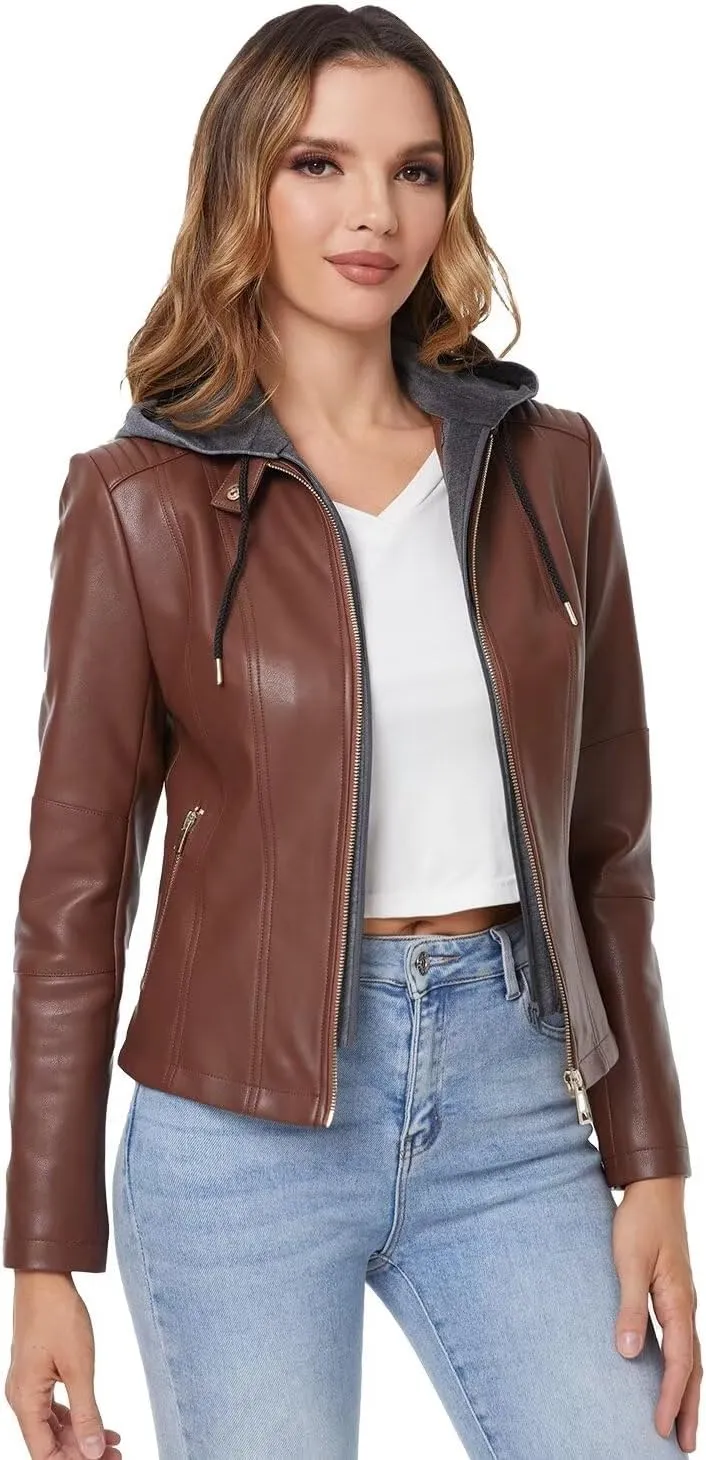 DIASHINY Faux Leather Jacket For Women Removable Hooded Moto Biker Outwear Coat