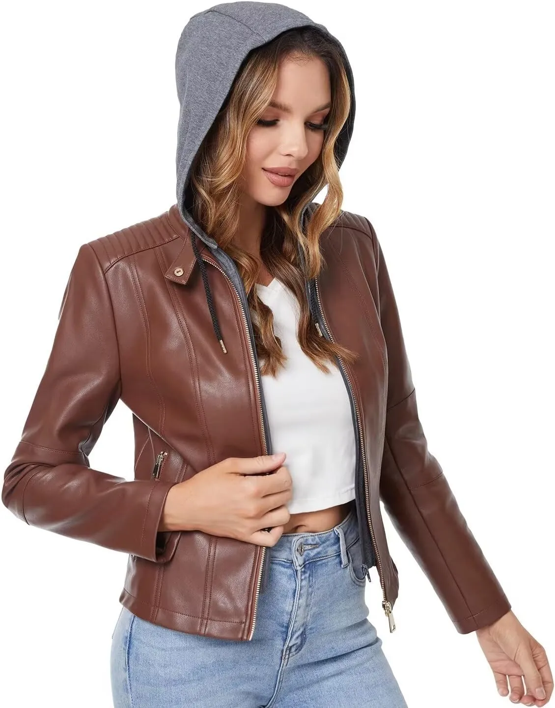 DIASHINY Faux Leather Jacket For Women Removable Hooded Moto Biker Outwear Coat