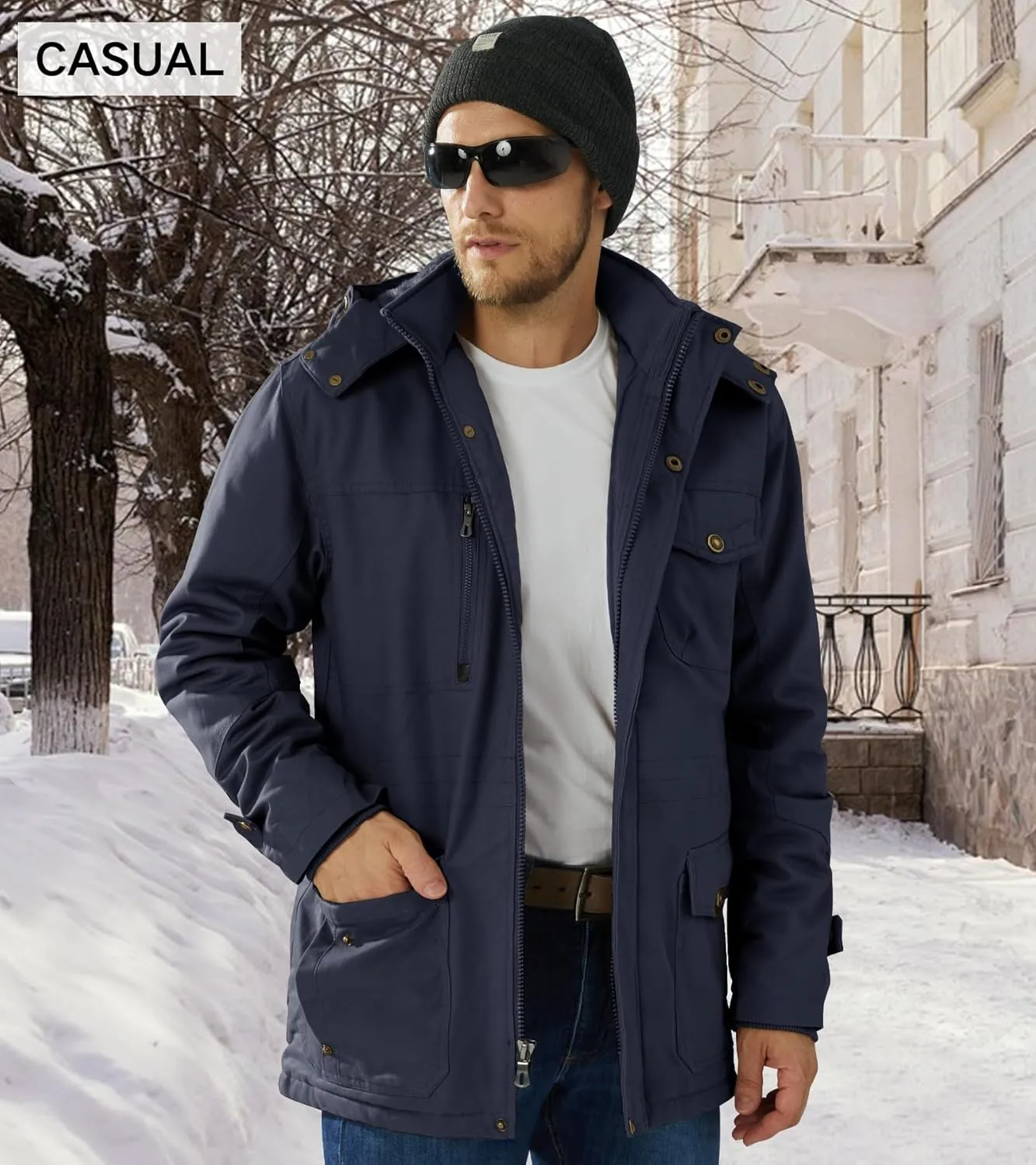 EKLENTSON Men's Winter Coat Fleece Lined Military Jacekt Thick Cotton Parka Jacket Warm Cargo Jacket Work Coat with Hood