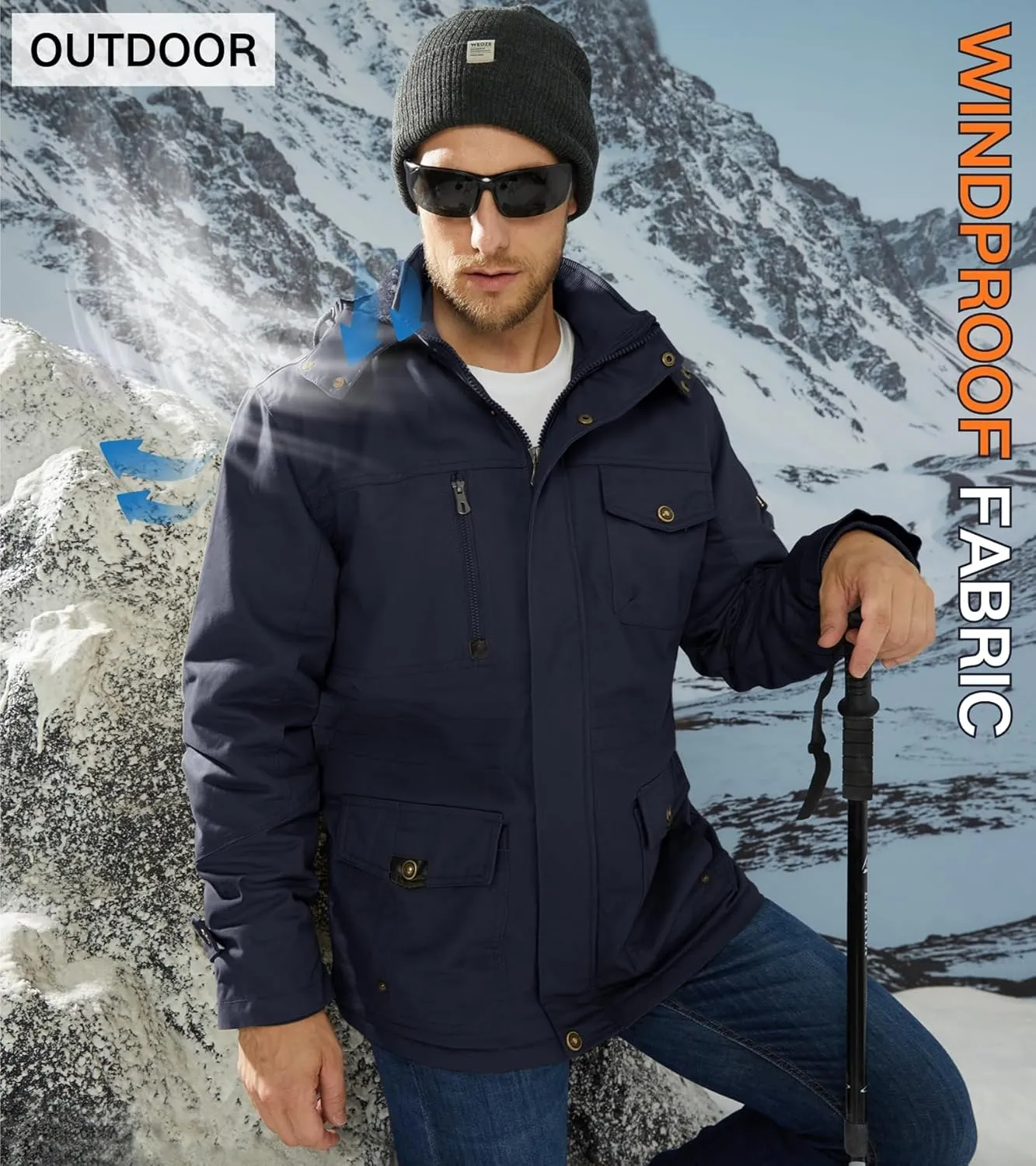 EKLENTSON Men's Winter Coat Fleece Lined Military Jacekt Thick Cotton Parka Jacket Warm Cargo Jacket Work Coat with Hood