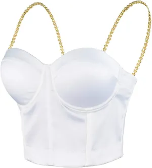 ELLACCI Women's Satin Bustier Crop Top with Gold Chain Shoulder Strap Black