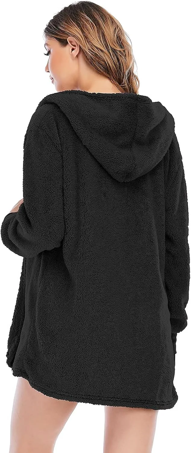 Famnbro Women's Sexy Fuzzy 3 Piece Outfits Fleece Warm Hooded Cardigan Crop Top Shorts Set Pajamas Loungewear