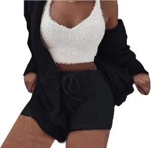 Famnbro Women's Sexy Fuzzy 3 Piece Outfits Fleece Warm Hooded Cardigan Crop Top Shorts Set Pajamas Loungewear