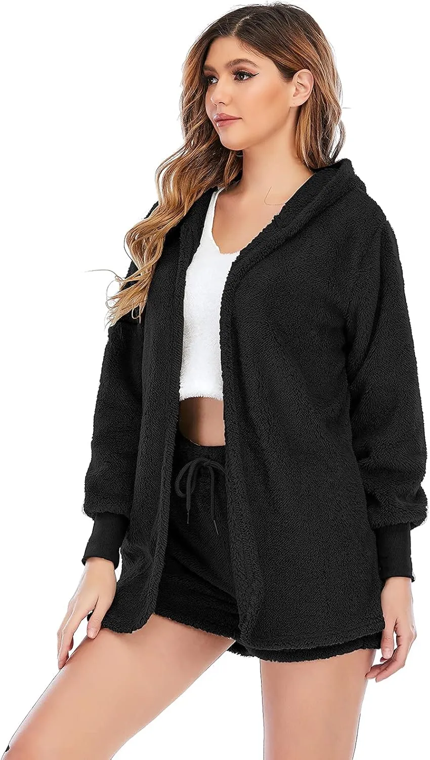 Famnbro Women's Sexy Fuzzy 3 Piece Outfits Fleece Warm Hooded Cardigan Crop Top Shorts Set Pajamas Loungewear