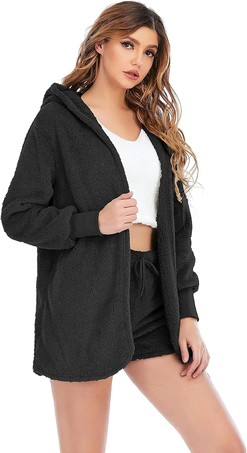Famnbro Women's Sexy Fuzzy 3 Piece Outfits Fleece Warm Hooded Cardigan Crop Top Shorts Set Pajamas Loungewear