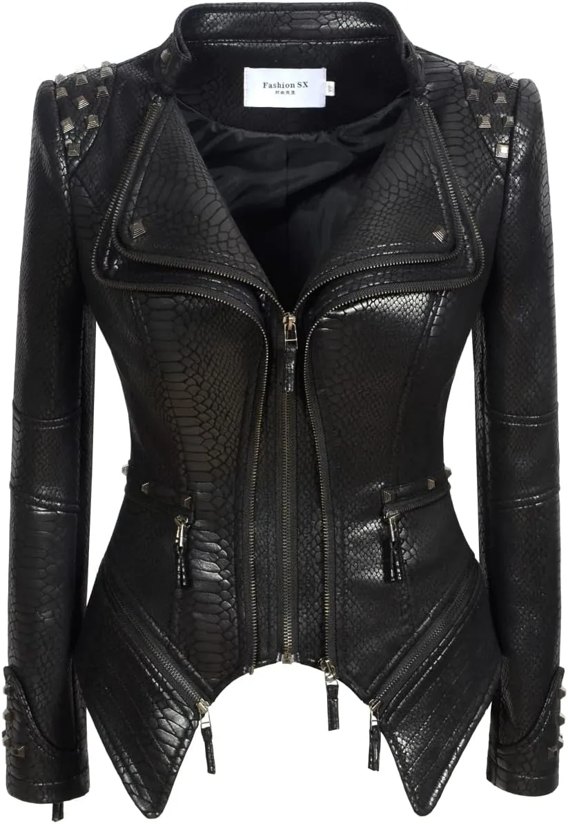 Fashion SX Womens Rivet Faux Leather Jacket Zipper Moto Biker Denim coat Motorcycle Outwear