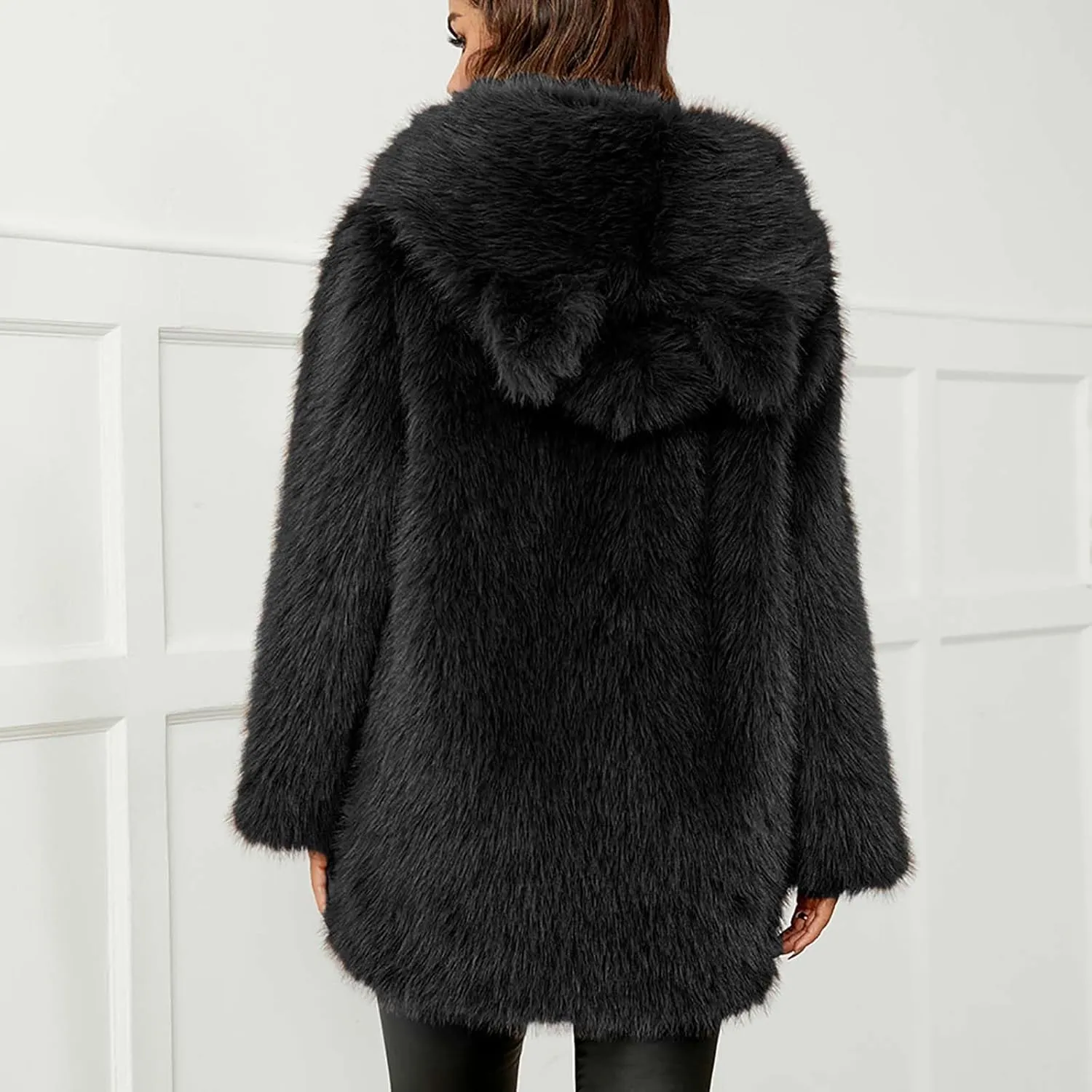 Faux Fur Jacket Women Cute Cat Ear Hoodie Fuzzy Fleece Jacket Hooded Open Front Cardigan Mid Length Winter Coats
