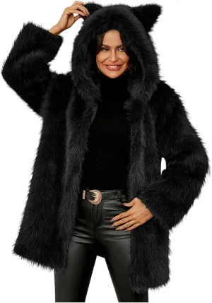 Faux Fur Jacket Women Cute Cat Ear Hoodie Fuzzy Fleece Jacket Hooded Open Front Cardigan Mid Length Winter Coats