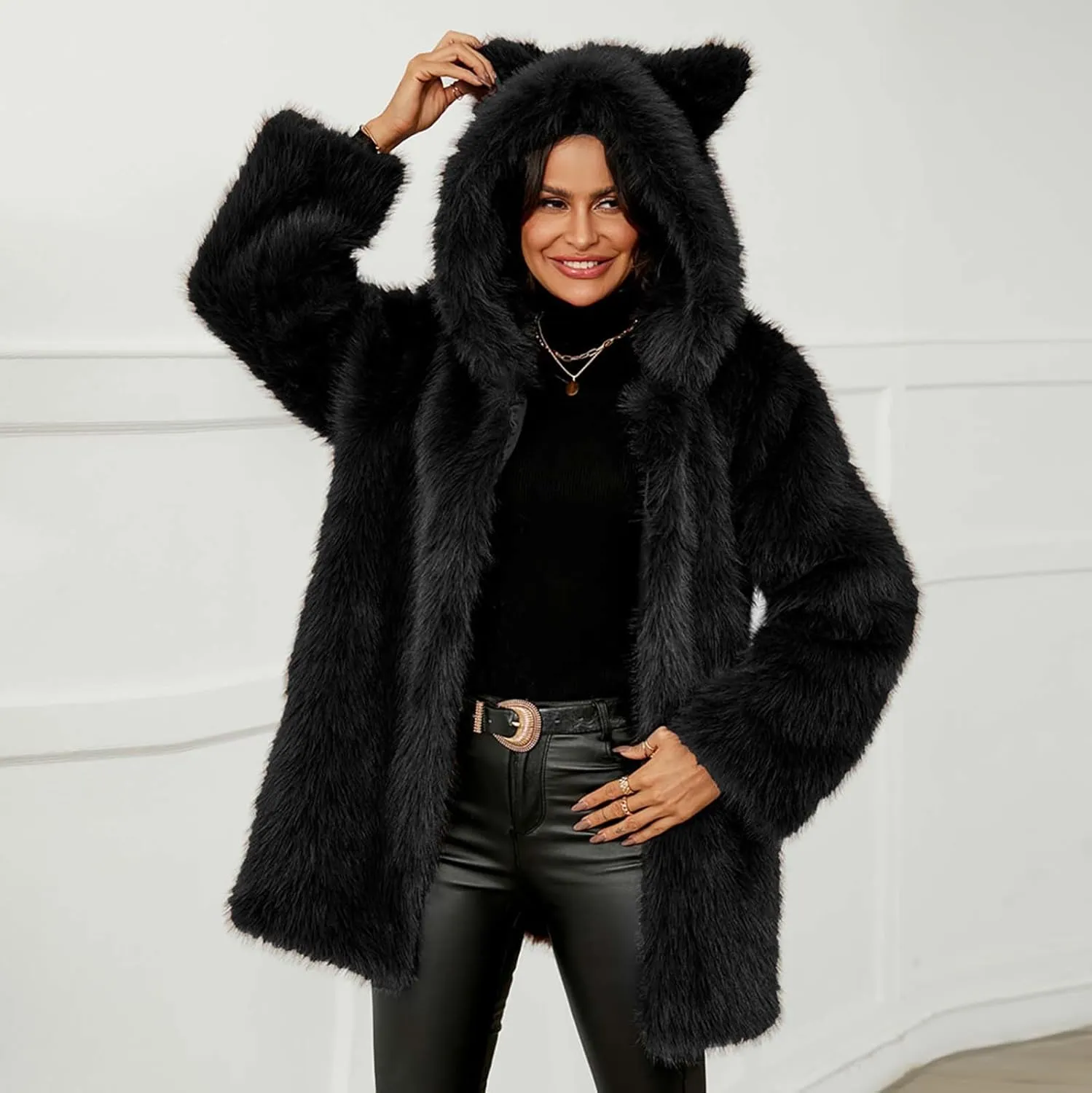 Faux Fur Jacket Women Cute Cat Ear Hoodie Fuzzy Fleece Jacket Hooded Open Front Cardigan Mid Length Winter Coats