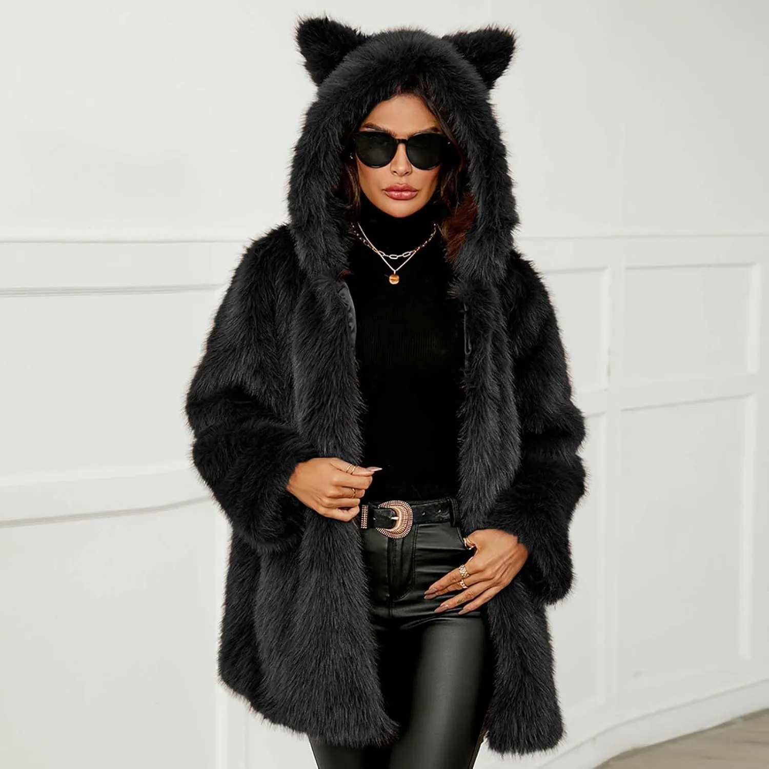Faux Fur Jacket Women Cute Cat Ear Hoodie Fuzzy Fleece Jacket Hooded Open Front Cardigan Mid Length Winter Coats