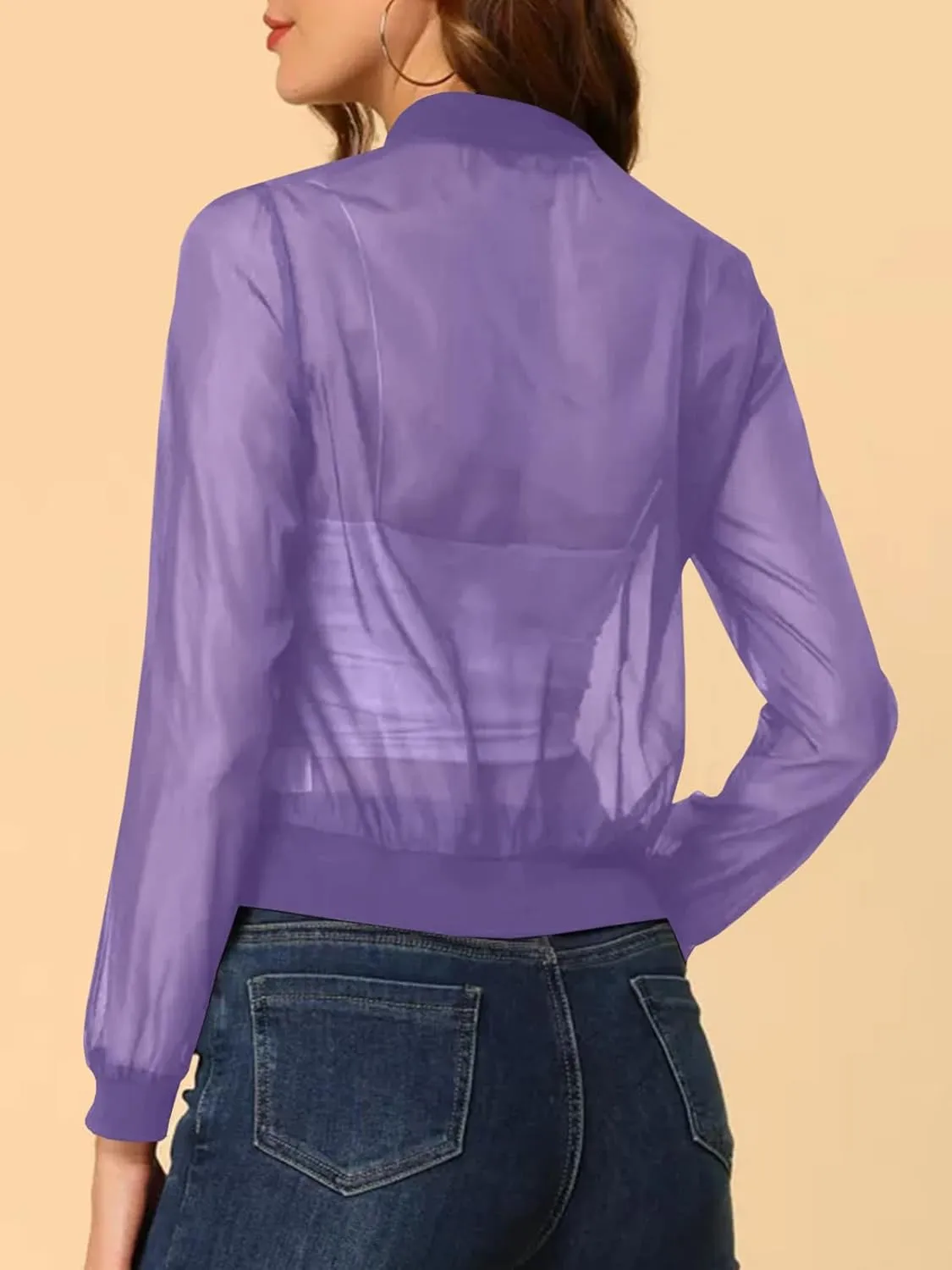 Fisoew Women's Crop Mesh Sheer Bomber Jackets Lightweight Long Sleeve Zip Up Jacket Outwear