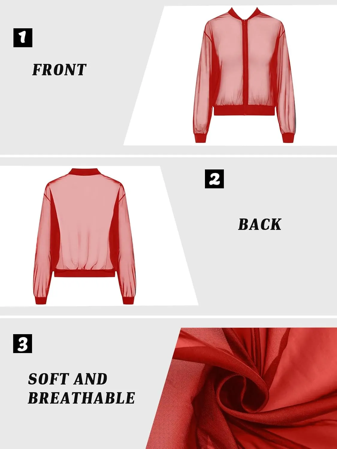 Fisoew Women's Crop Mesh Sheer Bomber Jackets Lightweight Long Sleeve Zip Up Jacket Outwear