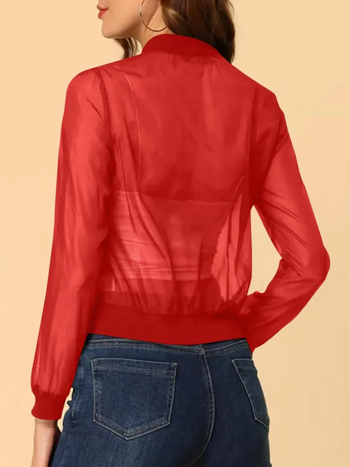 Fisoew Women's Crop Mesh Sheer Bomber Jackets Lightweight Long Sleeve Zip Up Jacket Outwear