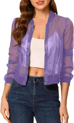 Fisoew Women's Crop Mesh Sheer Bomber Jackets Lightweight Long Sleeve Zip Up Jacket Outwear