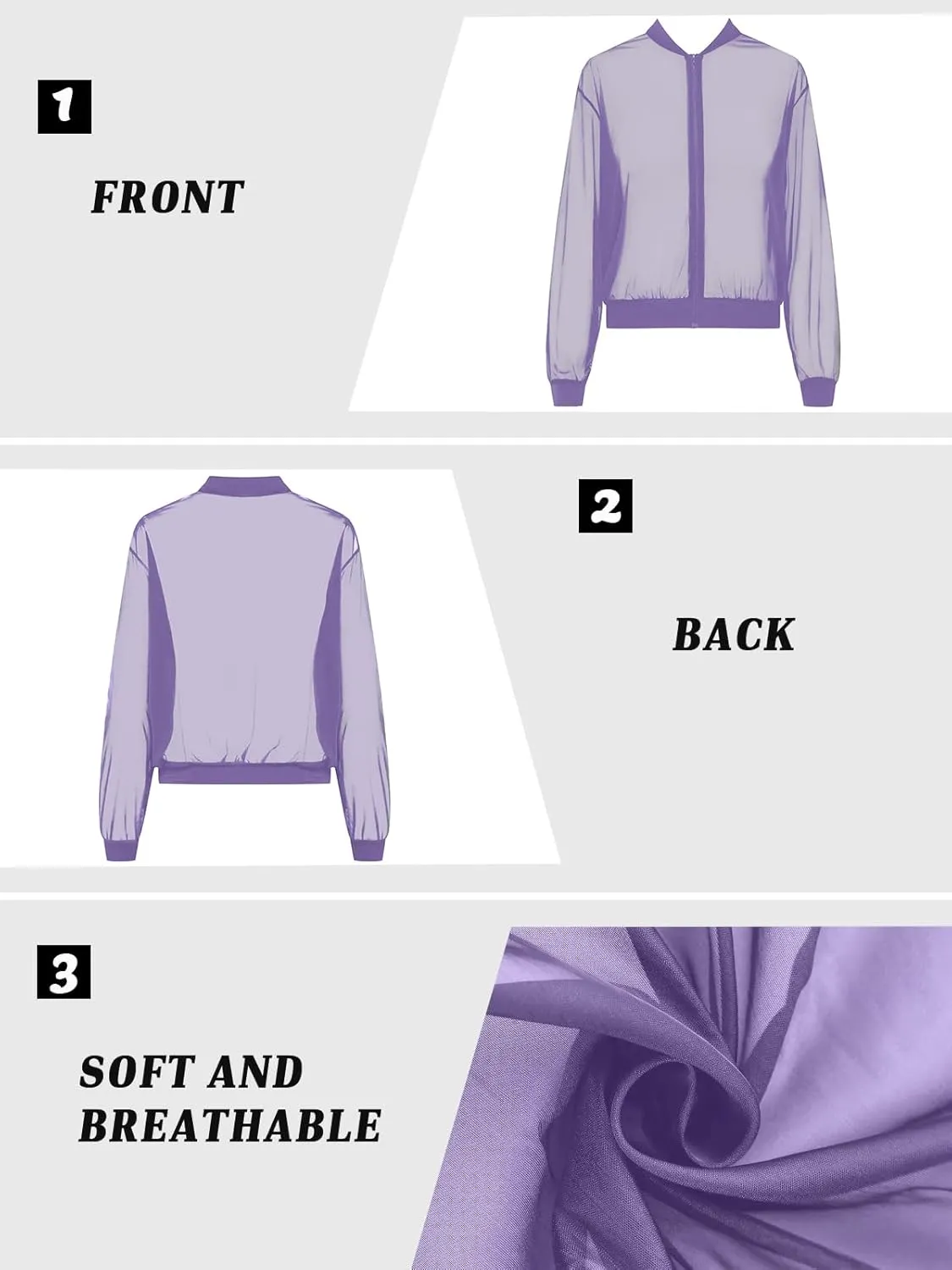 Fisoew Women's Crop Mesh Sheer Bomber Jackets Lightweight Long Sleeve Zip Up Jacket Outwear