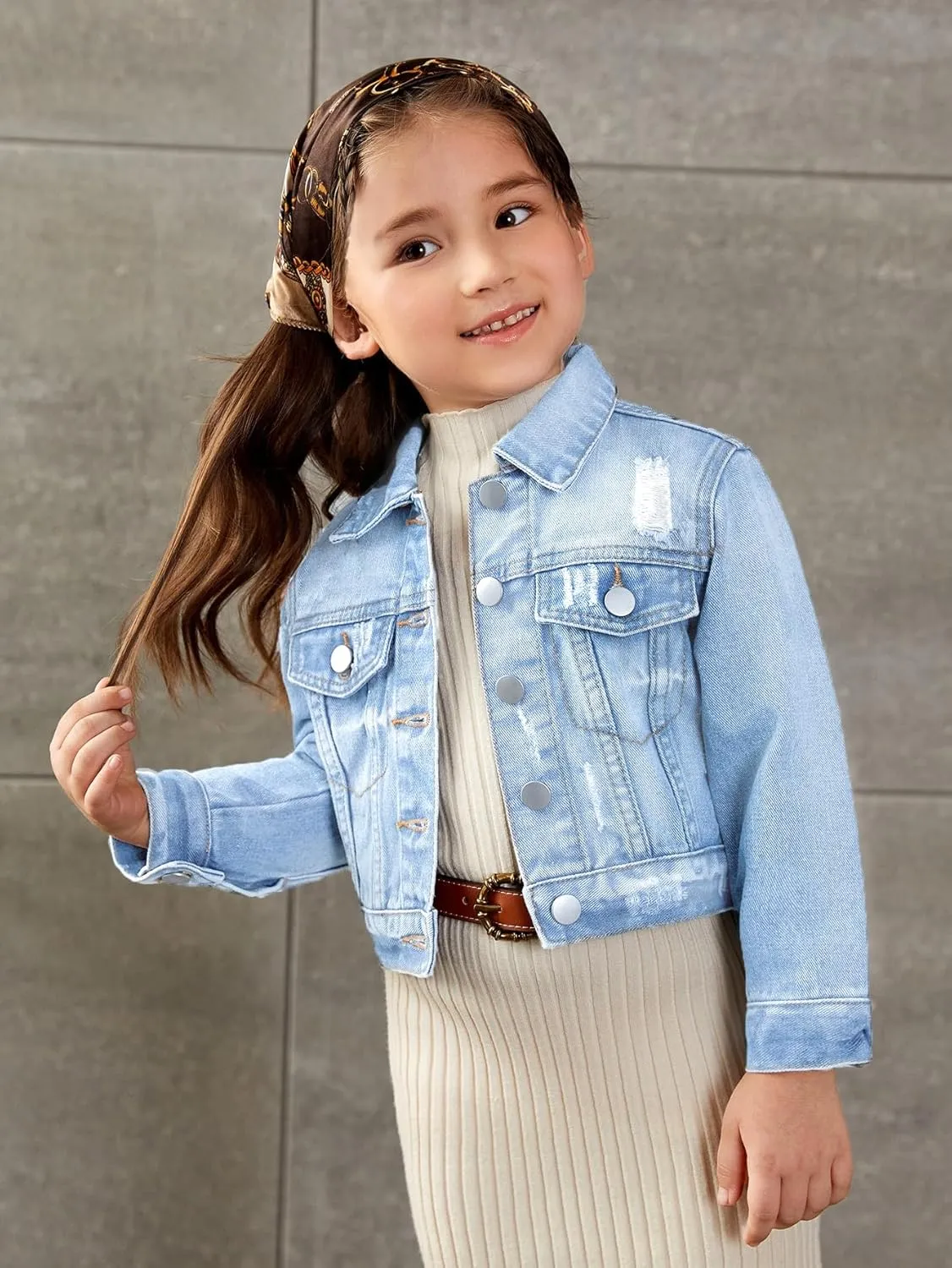 Floerns Girl's Vintage Basic Distressed Long Sleeve Single Breasted Crop Top Denim Jacket