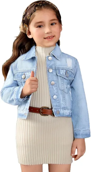 Floerns Girl's Vintage Basic Distressed Long Sleeve Single Breasted Crop Top Denim Jacket