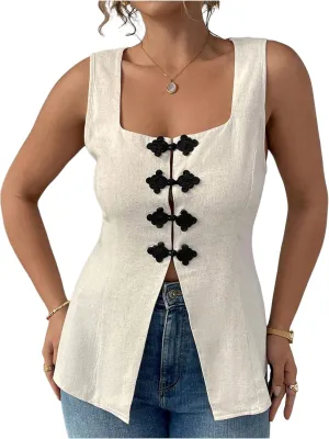 Floerns Women's Plus Size Cute Sleeveless Tank Top Square Neck Button Split Camisole