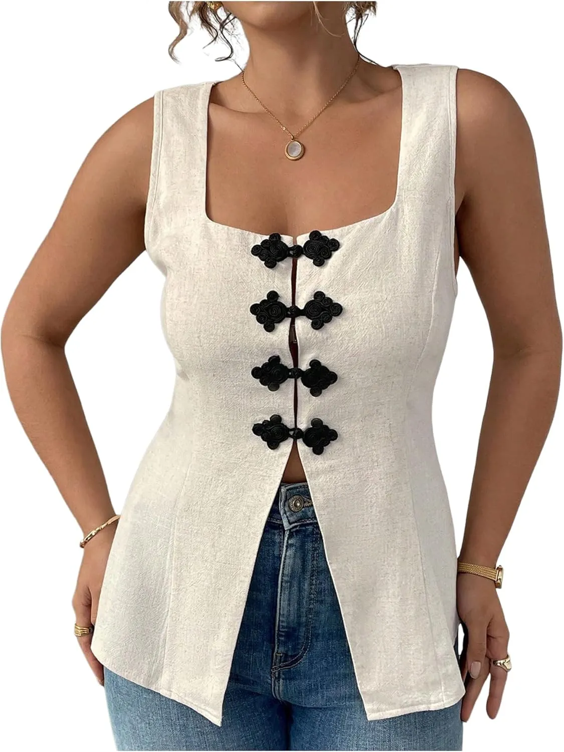 Floerns Women's Plus Size Cute Sleeveless Tank Top Square Neck Button Split Camisole