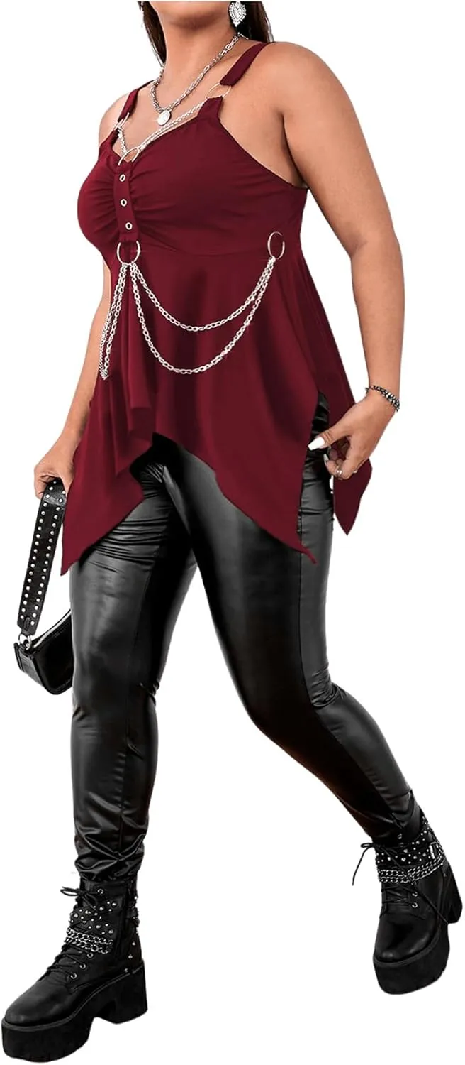 Floerns Women's Plus Size O Ring Sleeveless Chain Asymmetrical Hem Cami Top