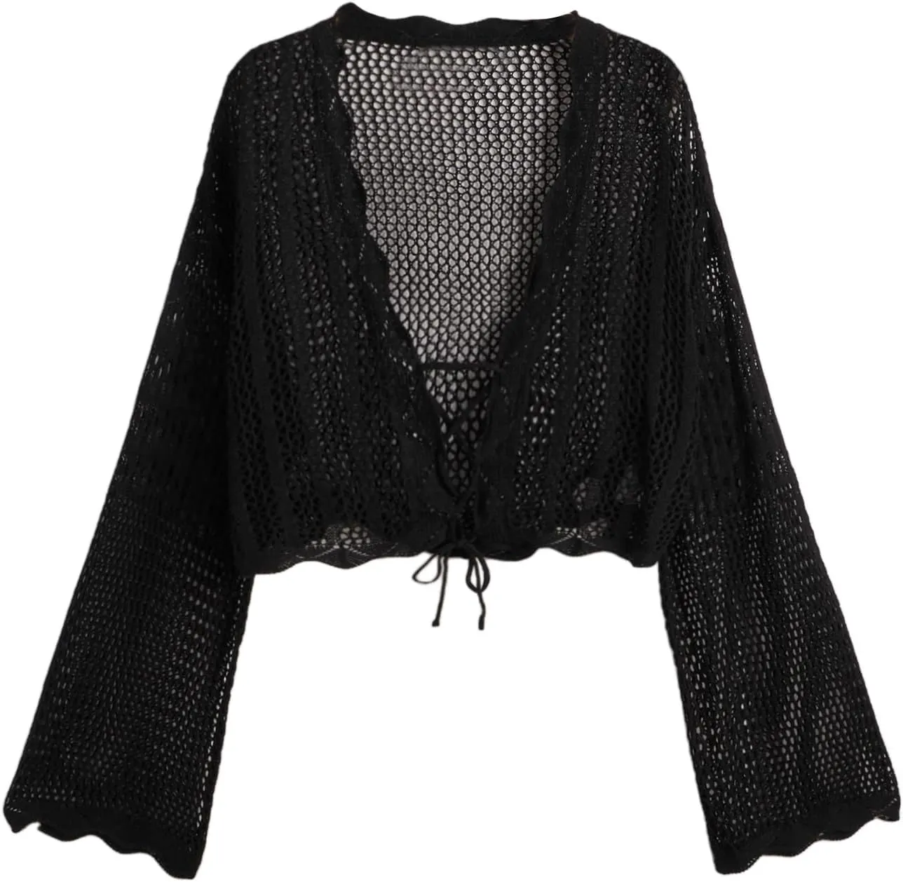 Floerns Women's Plus Size Tie Front Long Sleeve Crochet Cardigan Crop Top