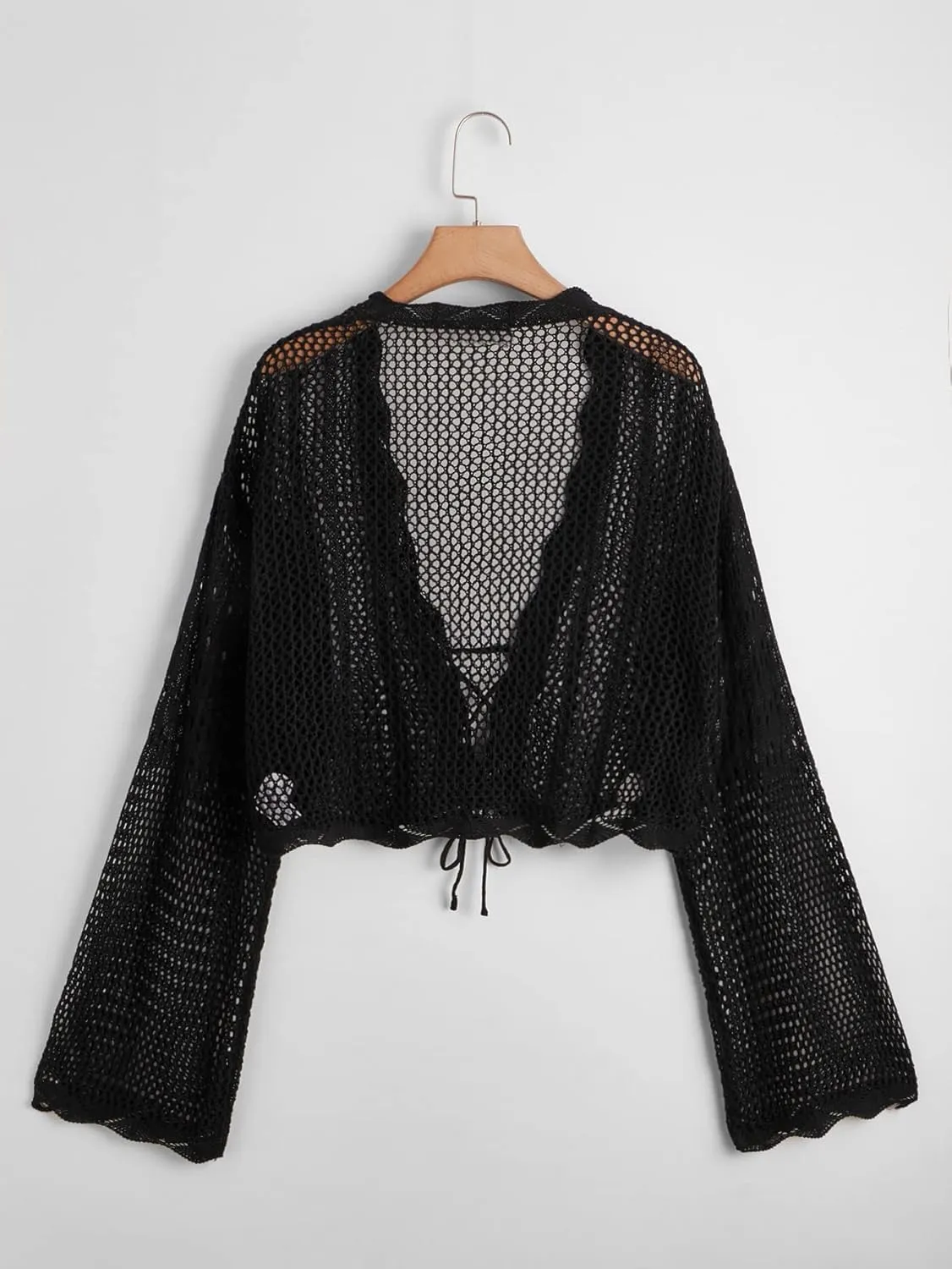 Floerns Women's Plus Size Tie Front Long Sleeve Crochet Cardigan Crop Top
