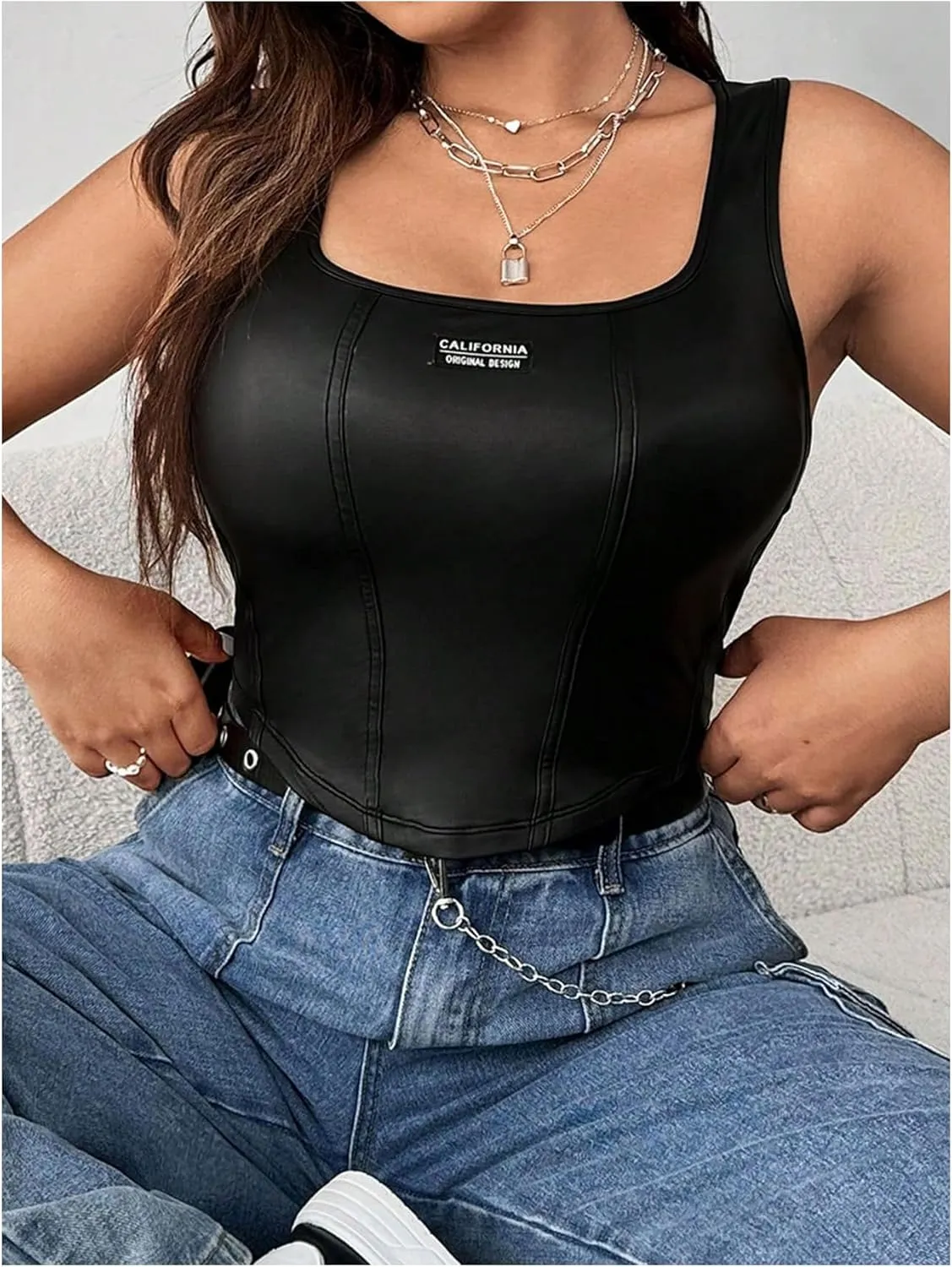 Floerns Women's Square Neck Asymmetrical Hem Sleeveless Shirts PU Leather Club Tank Top