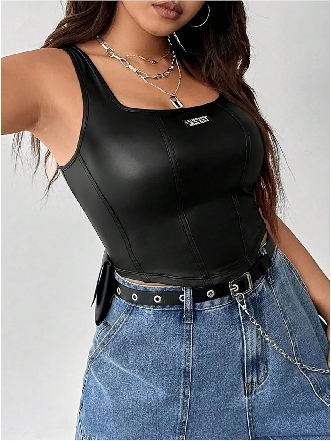 Floerns Women's Square Neck Asymmetrical Hem Sleeveless Shirts PU Leather Club Tank Top