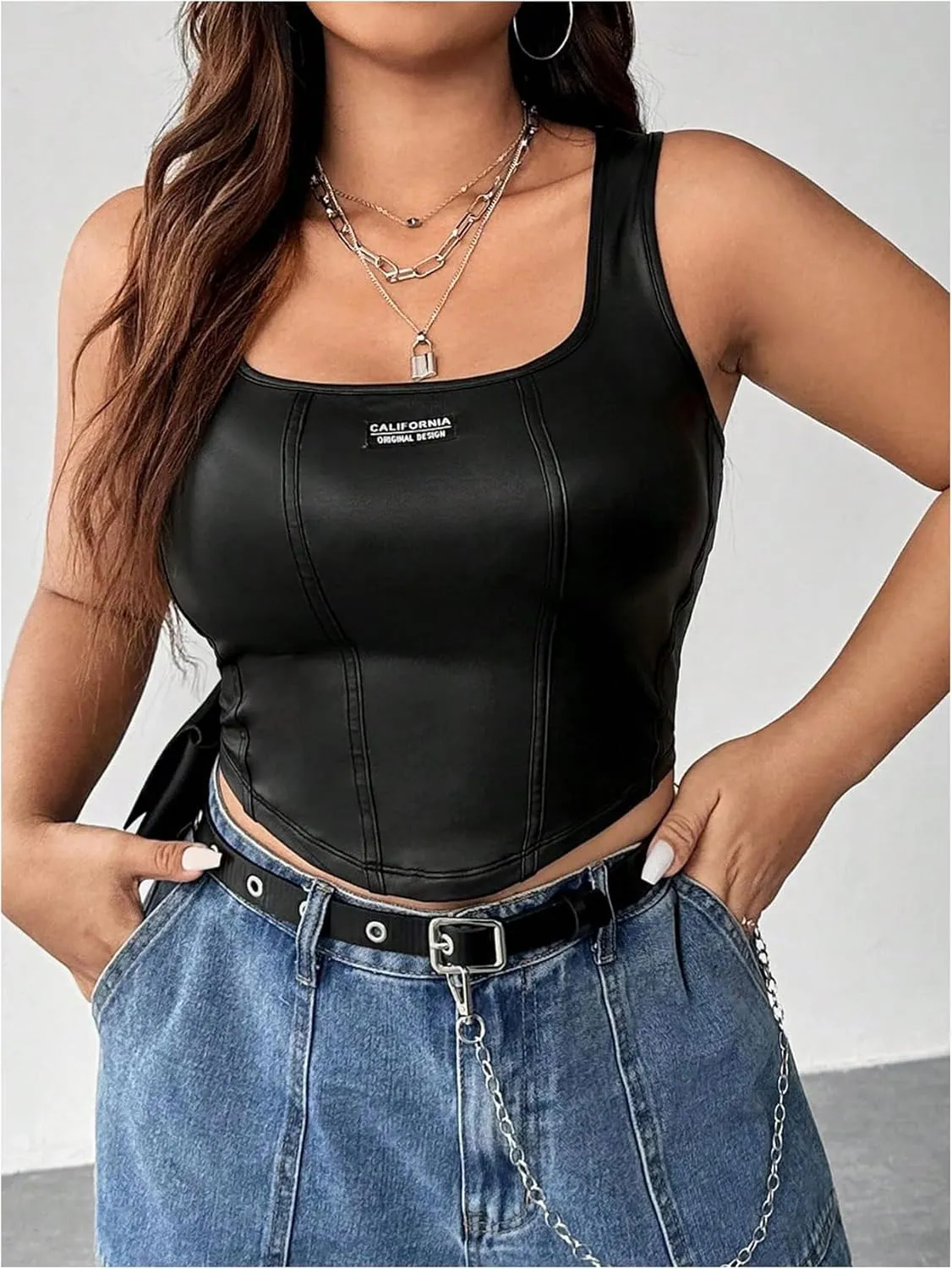 Floerns Women's Square Neck Asymmetrical Hem Sleeveless Shirts PU Leather Club Tank Top