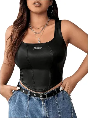 Floerns Women's Square Neck Asymmetrical Hem Sleeveless Shirts PU Leather Club Tank Top