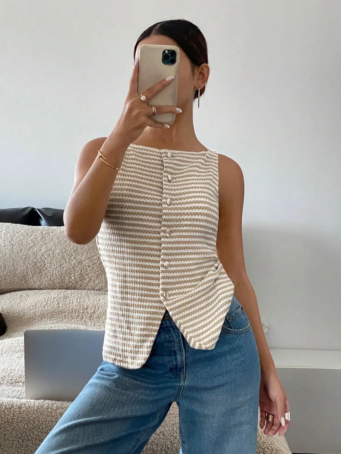 Floerns Women's Striped Print Sleeveless Slit Vest Shirts Button Front Blouse Top